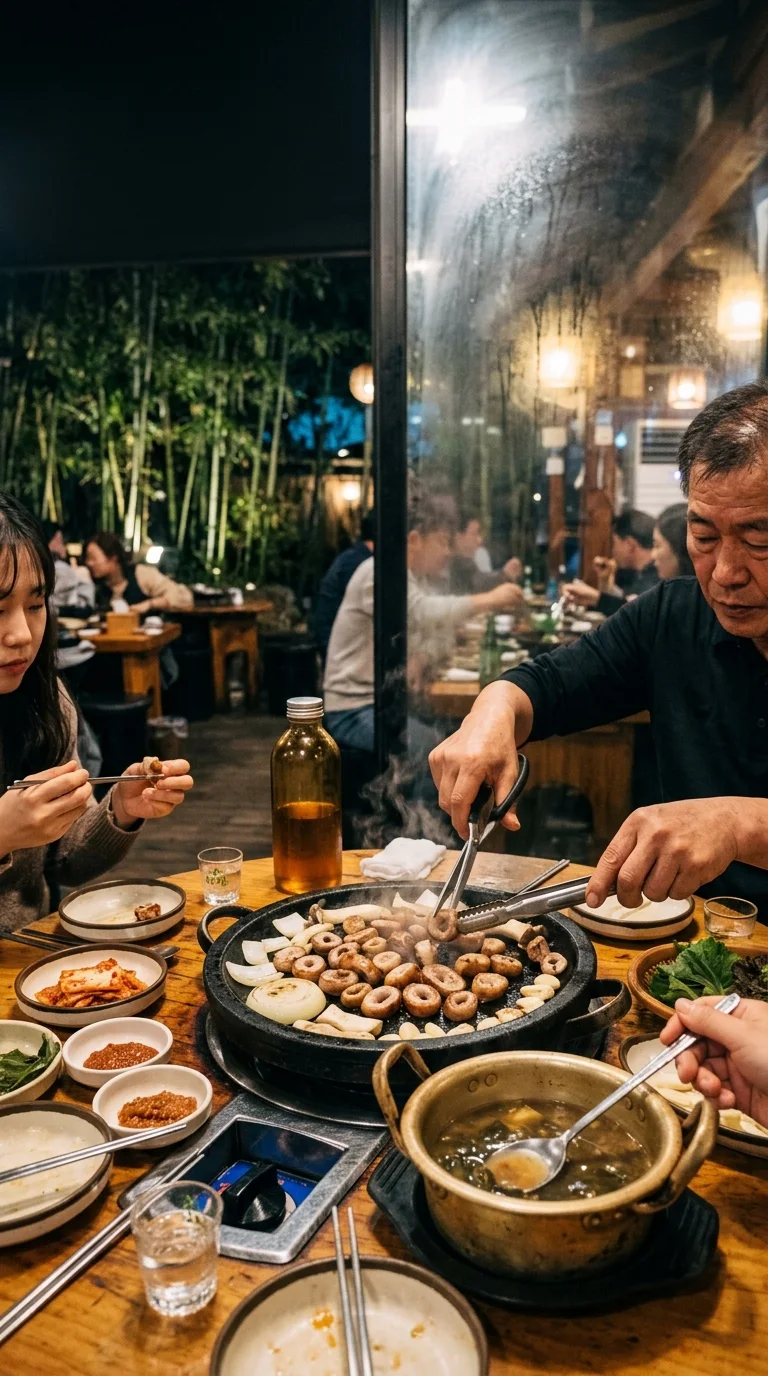 대구 본리동 숲불막창에서 참나무 숯불로 친환경 자연 방목 흑돼지 막창을 굽는 저녁 풍경